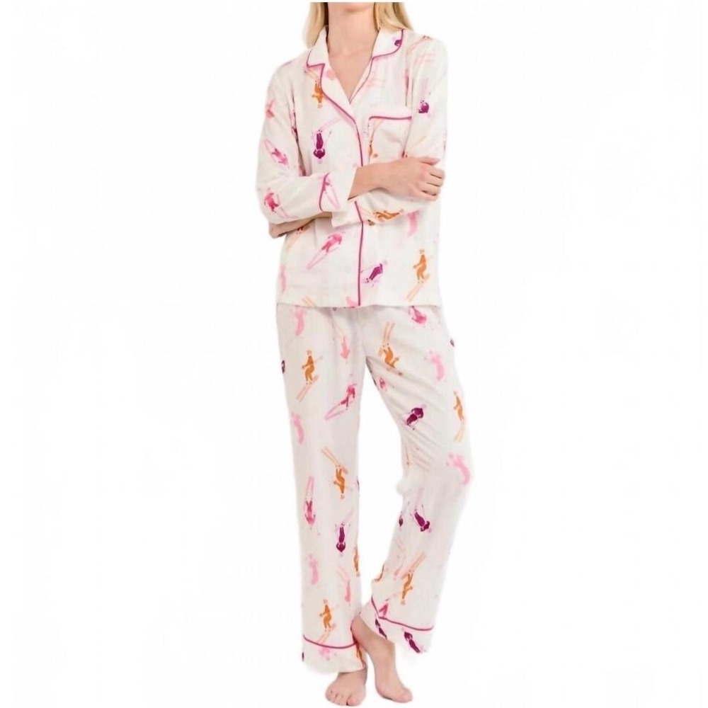 Katie Kime Skiers Pajama Set Long Sleeve White/Pink Large New With‎ Tags